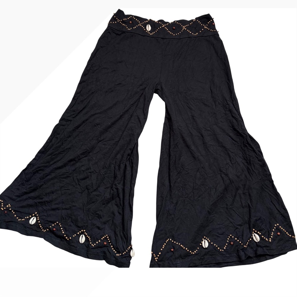 Y2K Gouchos Capris Wide Leg Boho Pants Cowrie Shell Wood Bead Embellished Flare